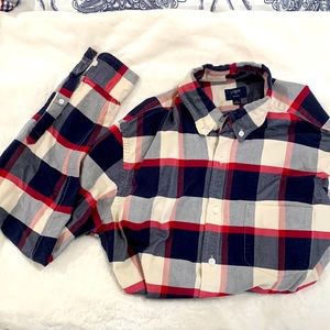 JCrew. Long sleeved button down. Used - good condition. Medium. White/navy/red.